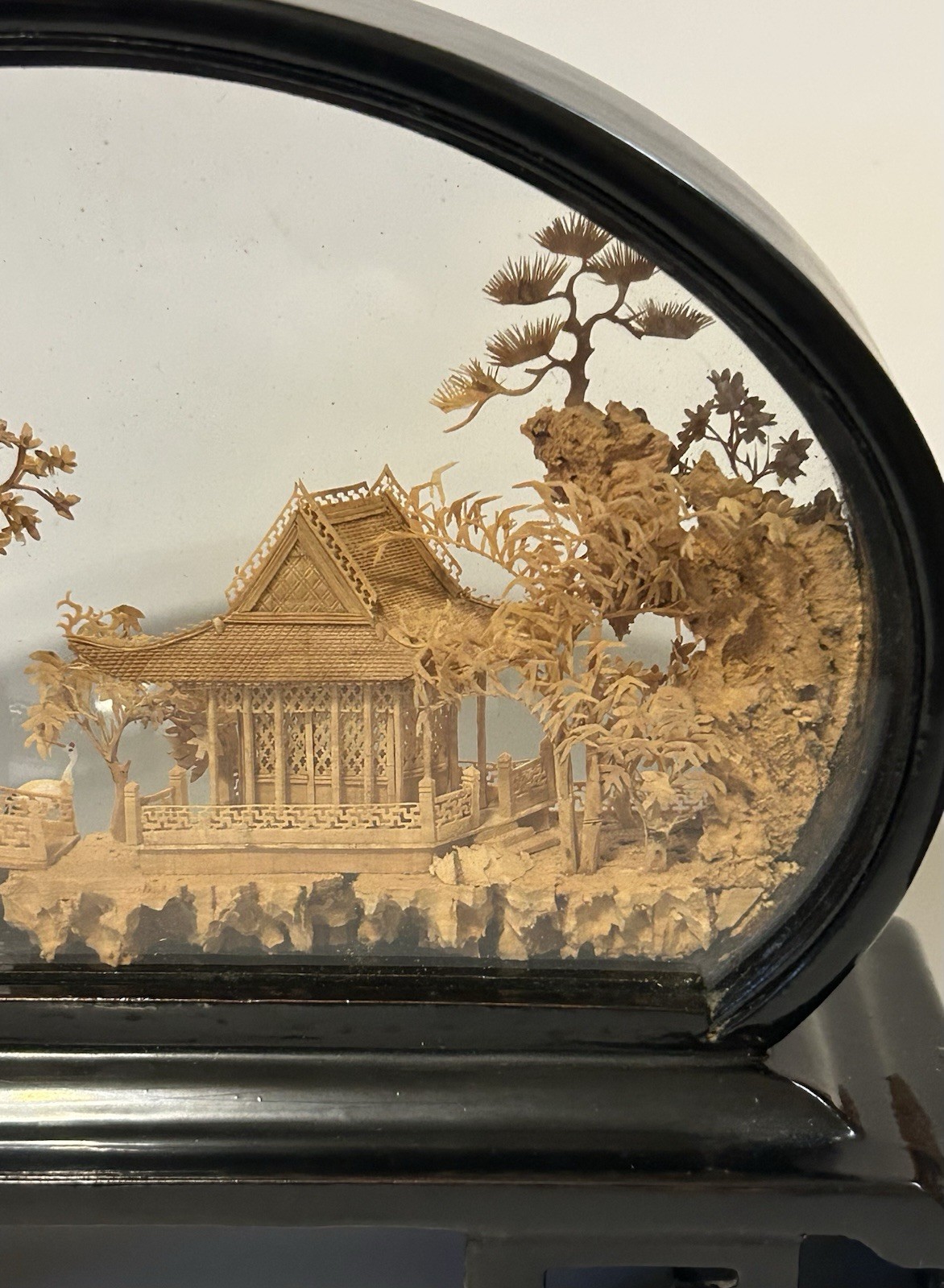 Vintage Chinese Cork Diorama Scenic Art in Glass Frame, Fujian China