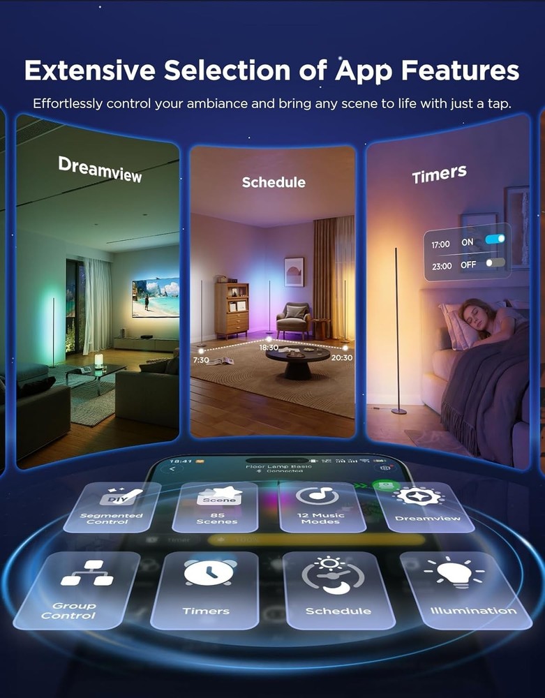 RGBIC Floor Lamp Basic, 1000lm LED Corner Lamp Compatible with SmartThings, A...