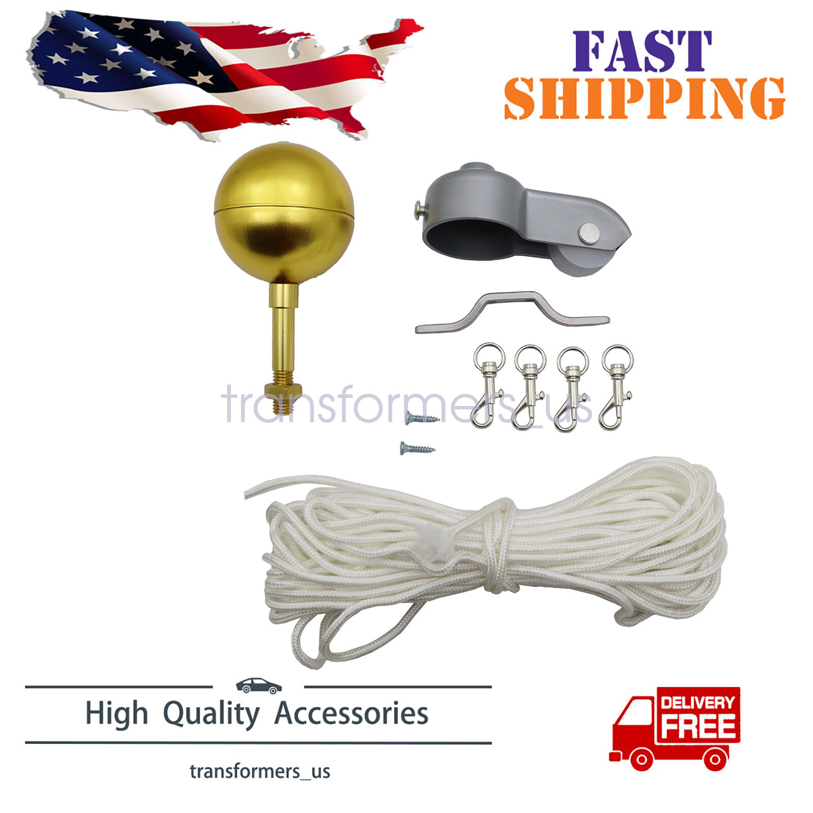 Flagpole Hardware Repair Kit -3"OD Tube Topper Ball Rope Cleat Hook Pulley Truck