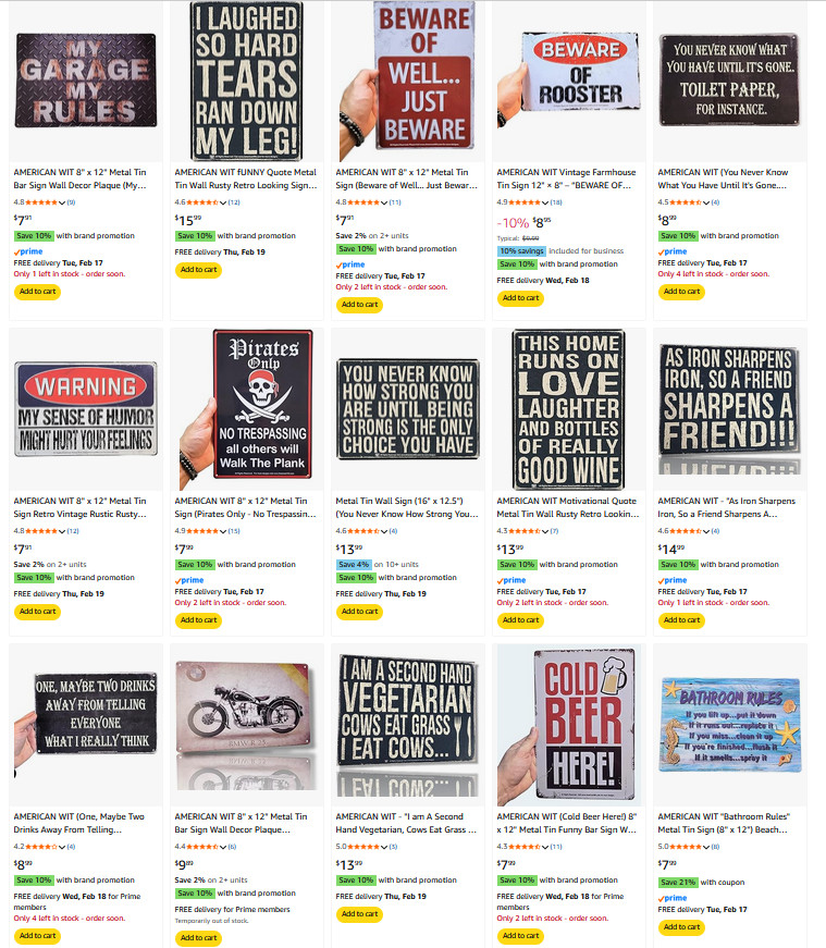 Bulk Funny Bar Novelty Metal Tin Signs - Random Assortment (8" x 12") Garage Man