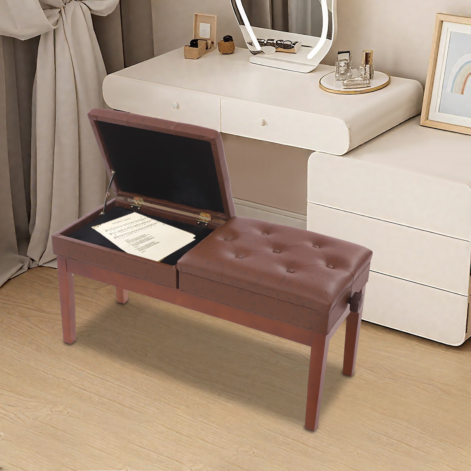 Double Seater Piano Bench Adjustable Duet Piano Bench Piano Bench w/Storage Box