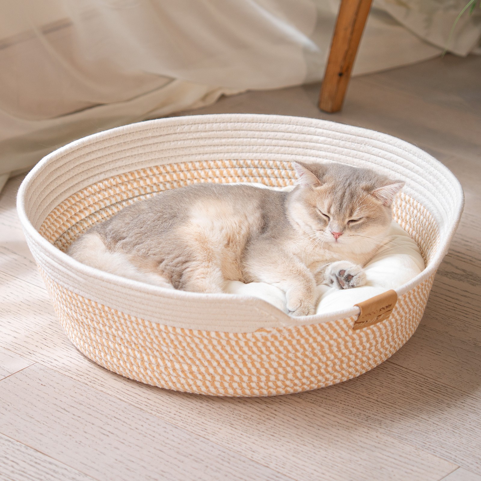 Cat Bed Basket with Cushion, 19*19*6in 2-in-1 Cotton Pet Couch for Indoor Cats