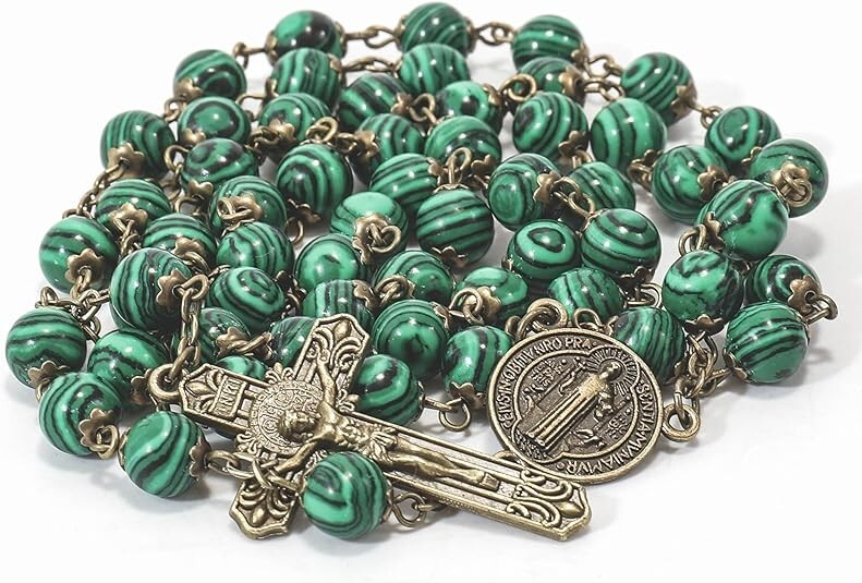 Natural Malachite Stone Rosary Beads Necklace St. Benedict Cross and Medal
