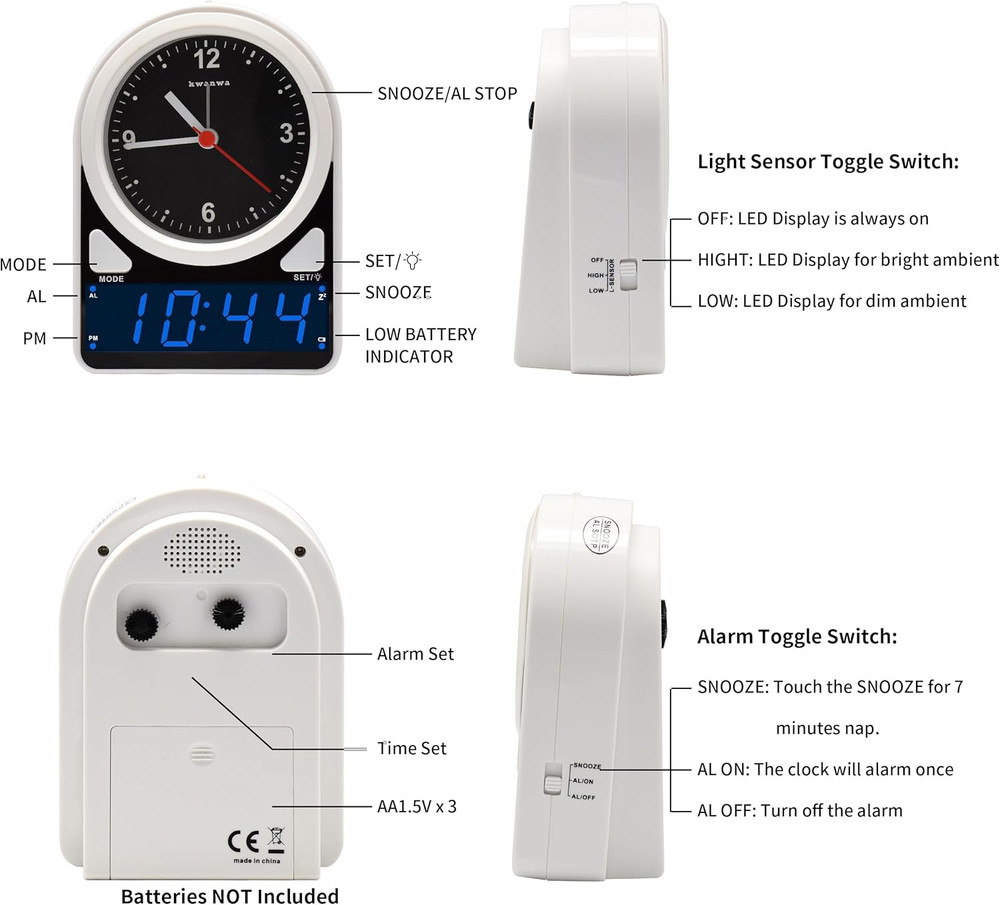 2 in 1 Alarm Clock, Analog Clock with LED Digital Clock, Light Sensor LED Clock,