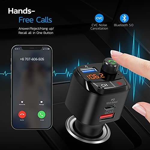 Nulaxy Bluetooth 5.0 FM Transmitter for Car, QC3.0 & USB-C PD 18W Wireless