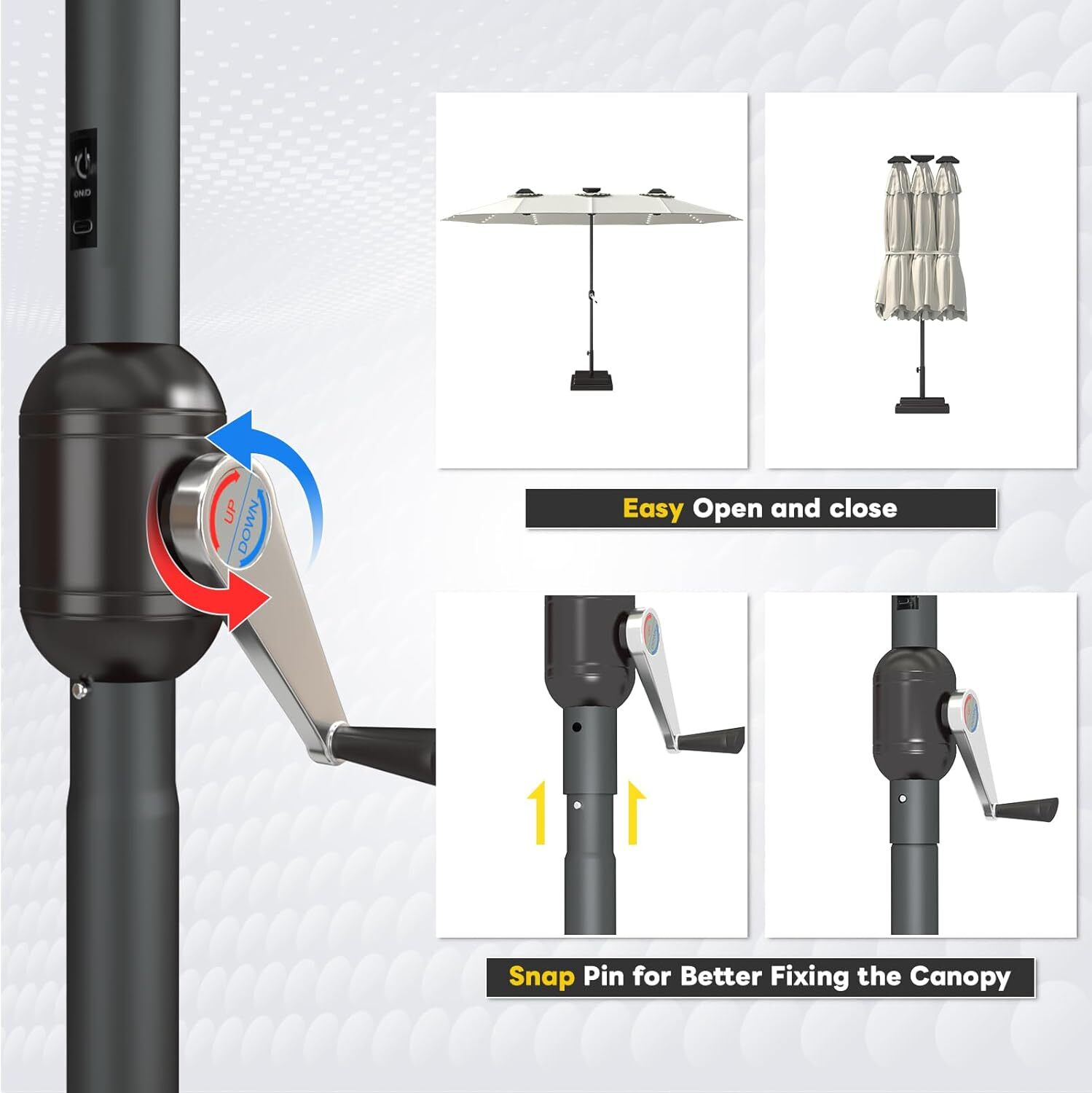 Solar 15ft Double Sided Patio Umbrella with Crank Handle & Integrated LED Lights