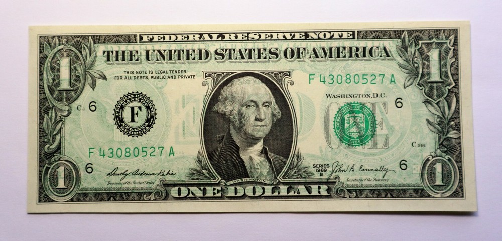 1969 B 1$ FRN BACK TO FACE OFFSET PRINTING ERROR UNCIRCULATED