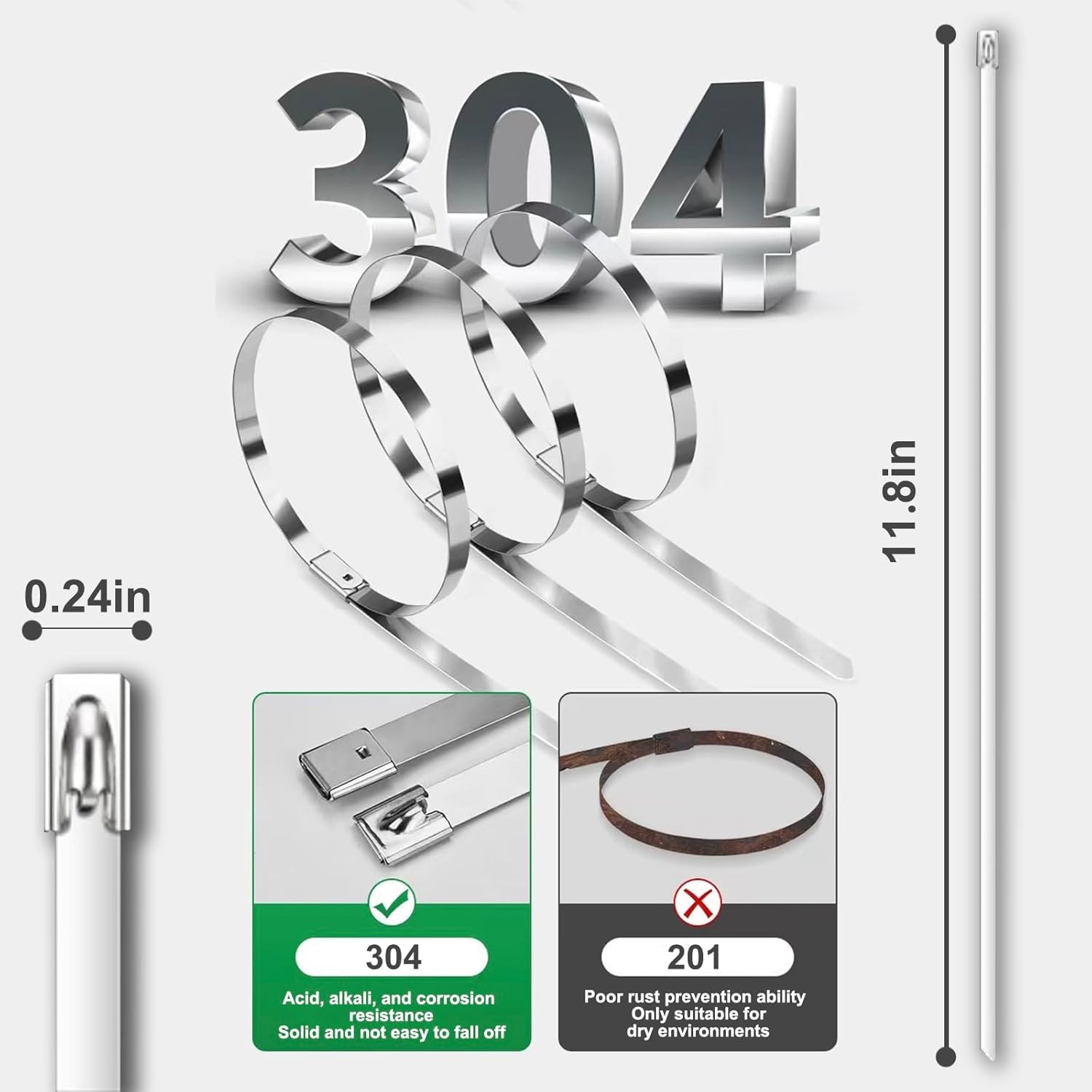 100-Pack Metal Zip Ties 11.8 inch, Heavy Duty 304 Stainless Steel 100pcs