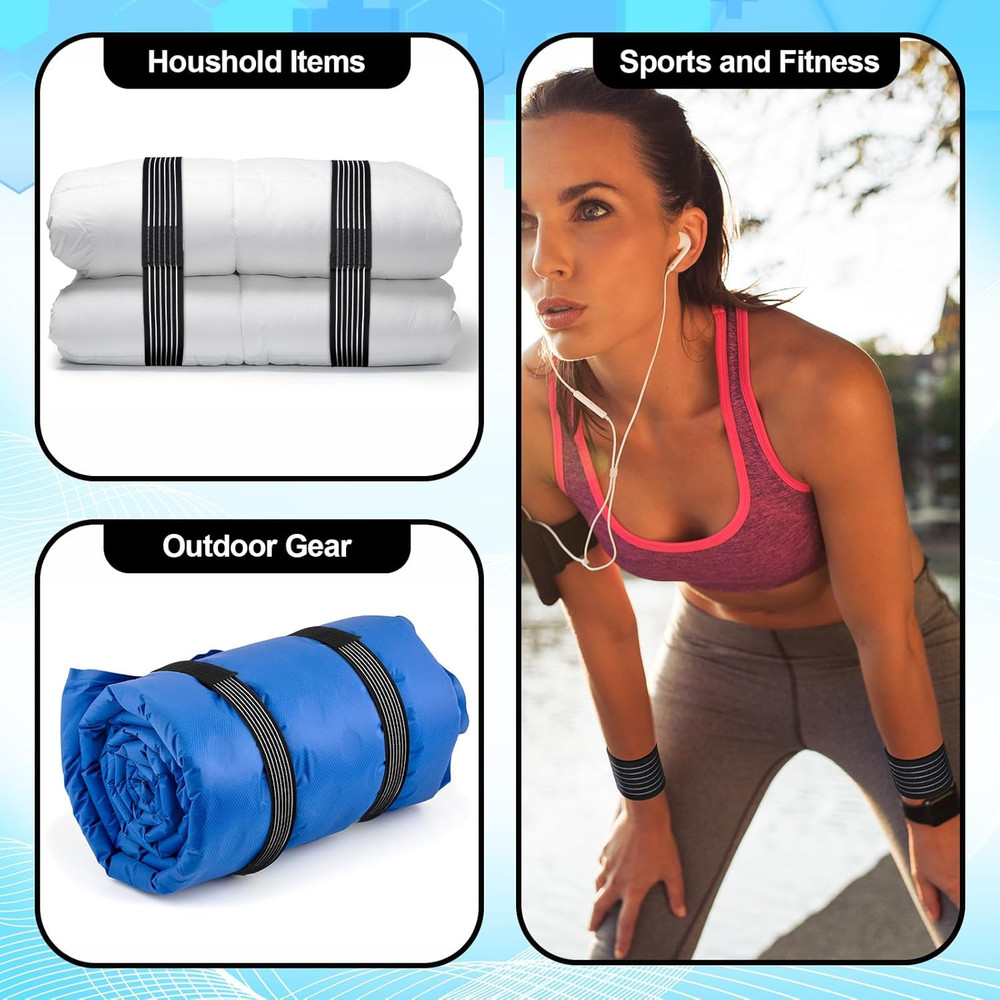8-Pack Elastic Strap Extenders for Ice Packs, Hook & Loop, 4 Sizes, Black Bundle