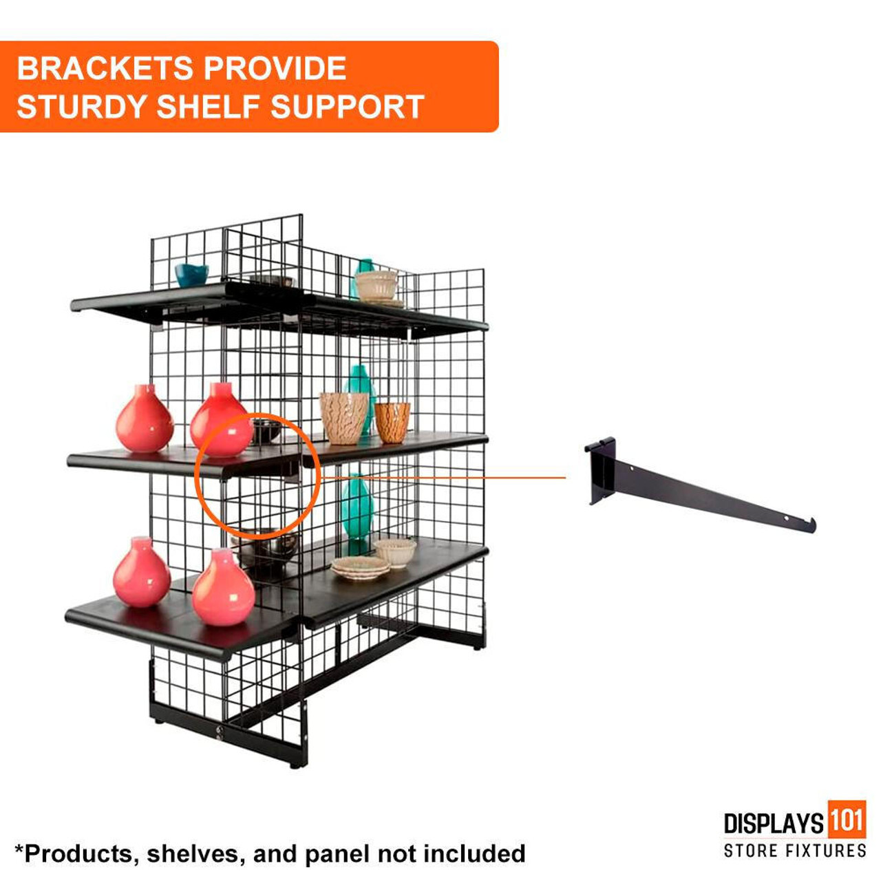 New 8" Gridwall Black Knife Shelf Brackets With Lip