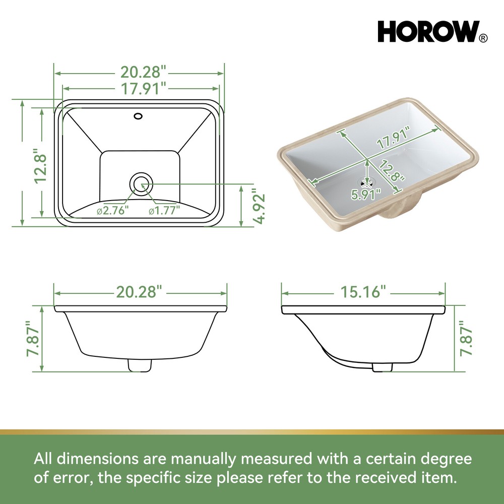 20x15'' Rectangular Undermount Bathroom Sink Vitreous Ceramic Lavatory White