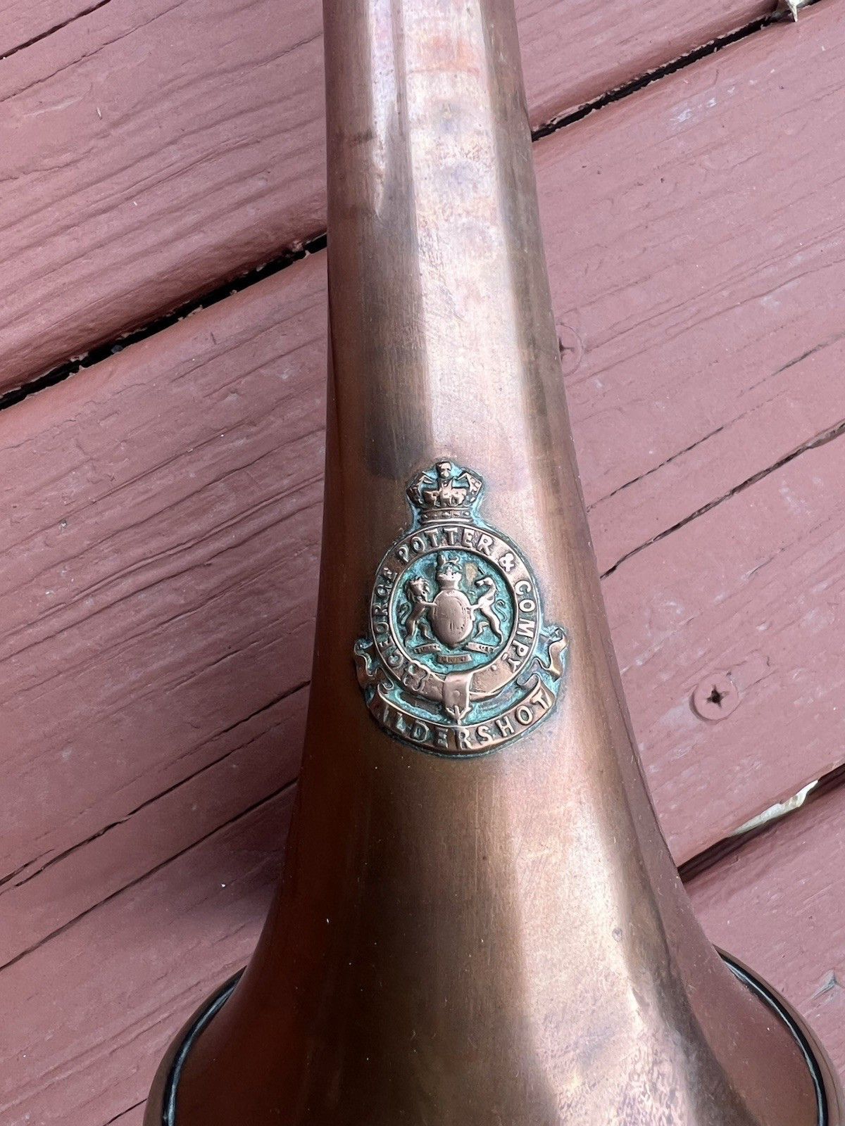 Signed George Potter Copper Brass Silver Long Fox Hunting Horn Wicker Sheath