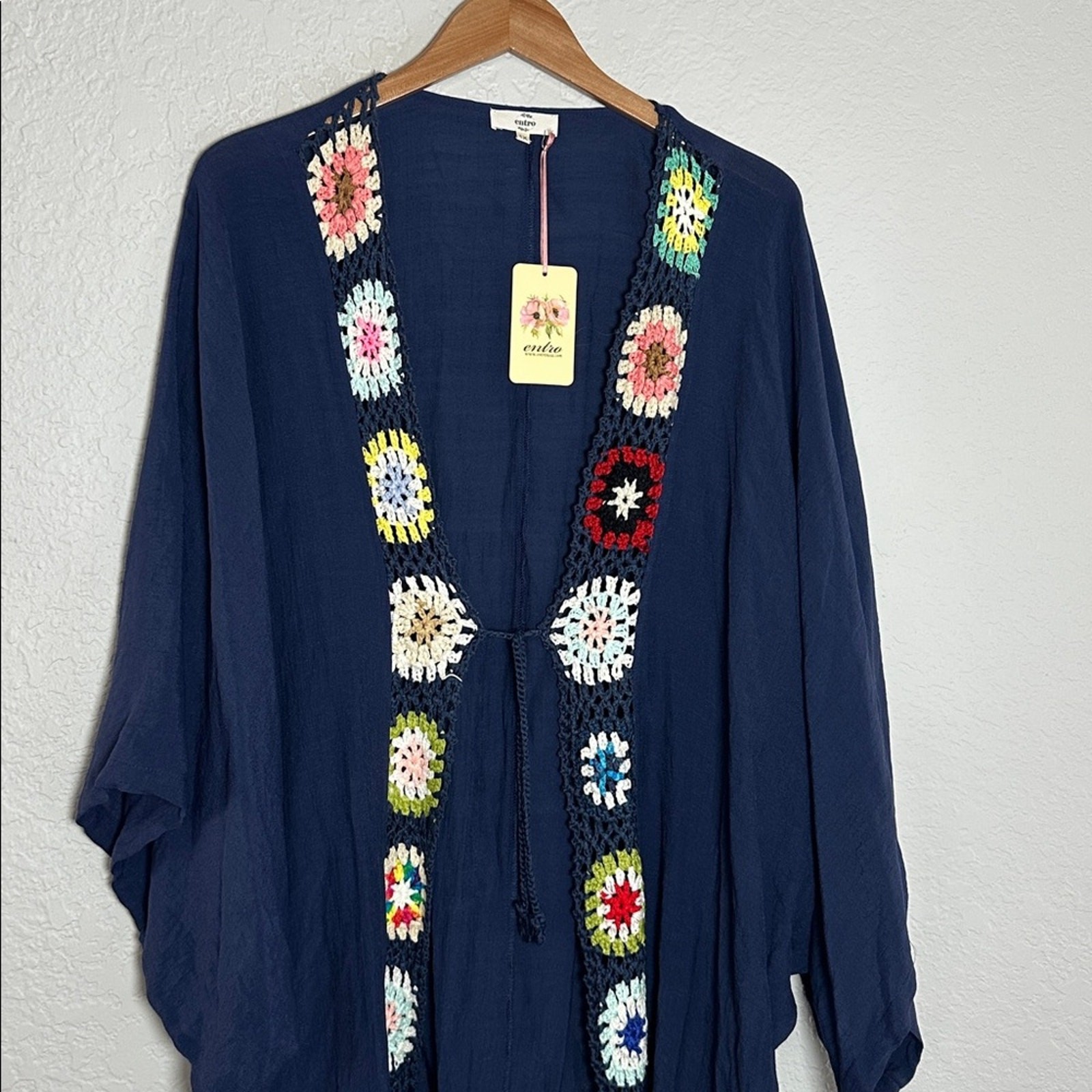 NWT Entro Crochet Granny Square Open Kimono Navy Blue 1X Swim Coverup Resortwear