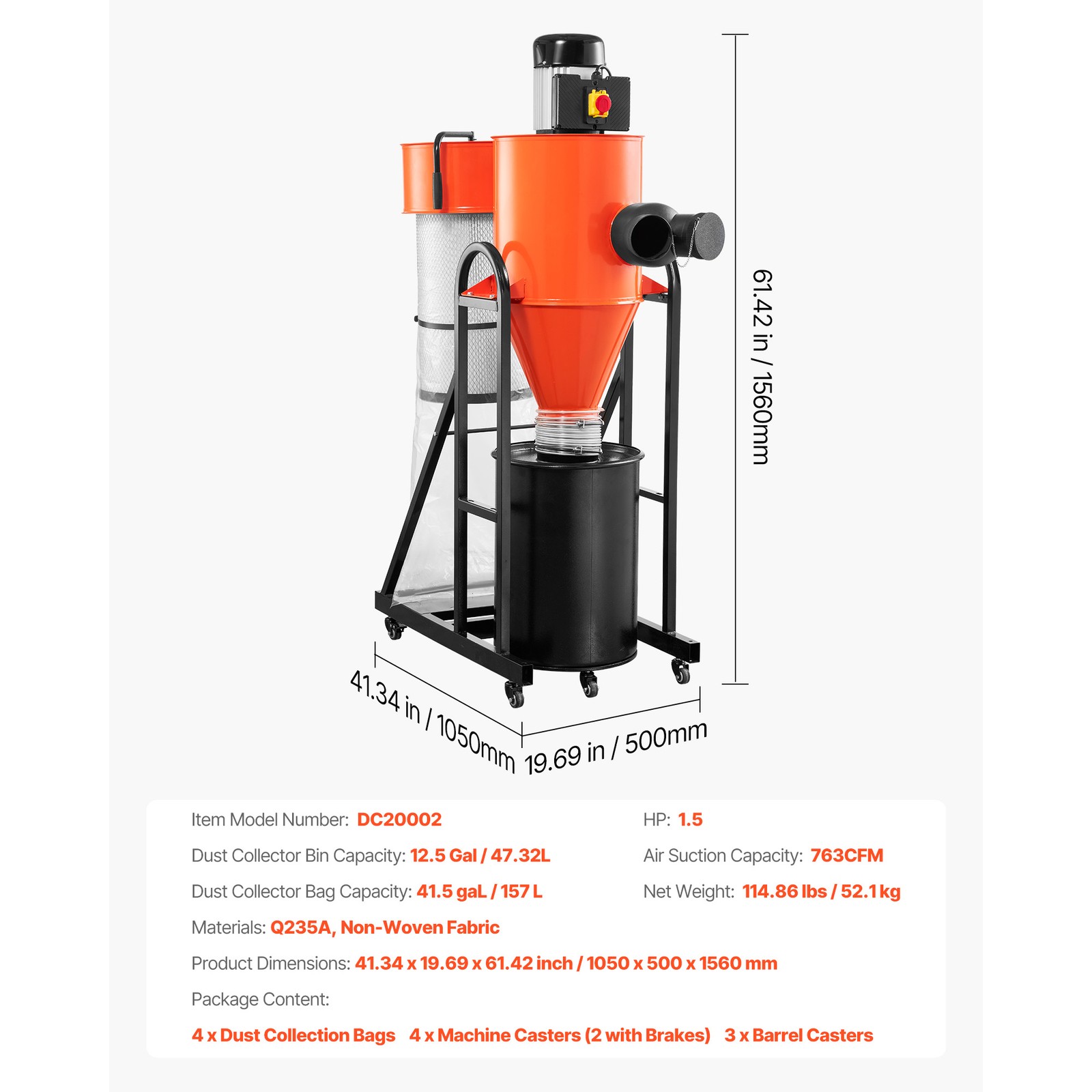 Uimoso 1.5HP Dust Collector with 763 CFM and 3400 RPM Vortex Cone System