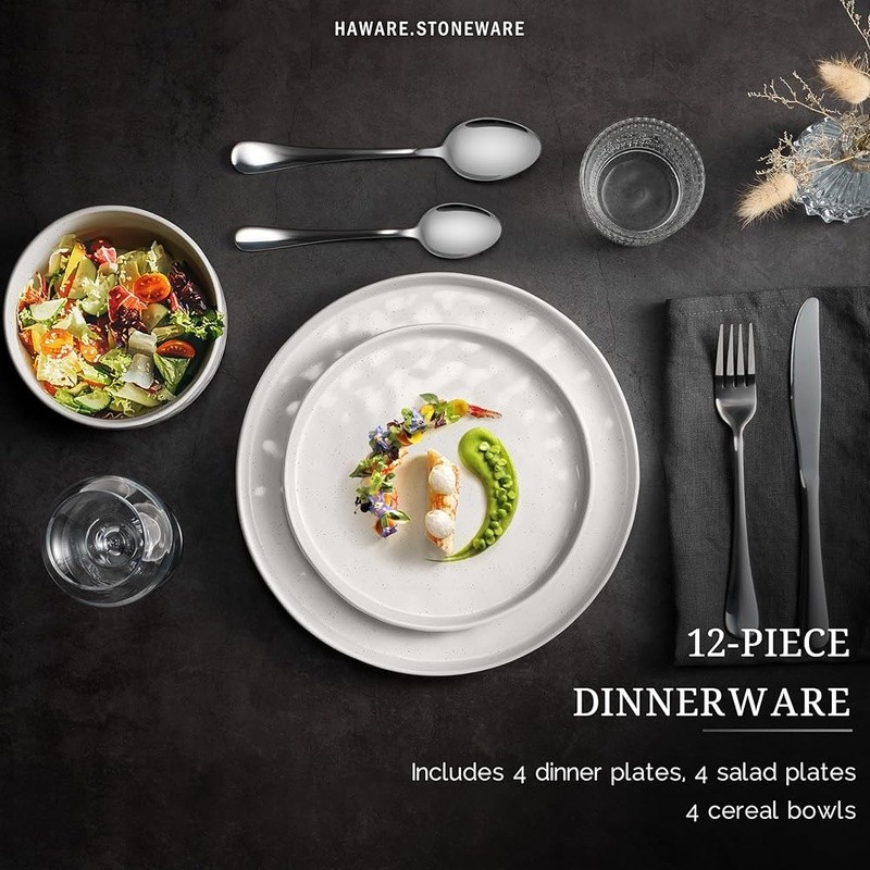 12 Piece Cosmos Ripple Stoneware Dinnerware Set Durable Safe Stackable Home Use