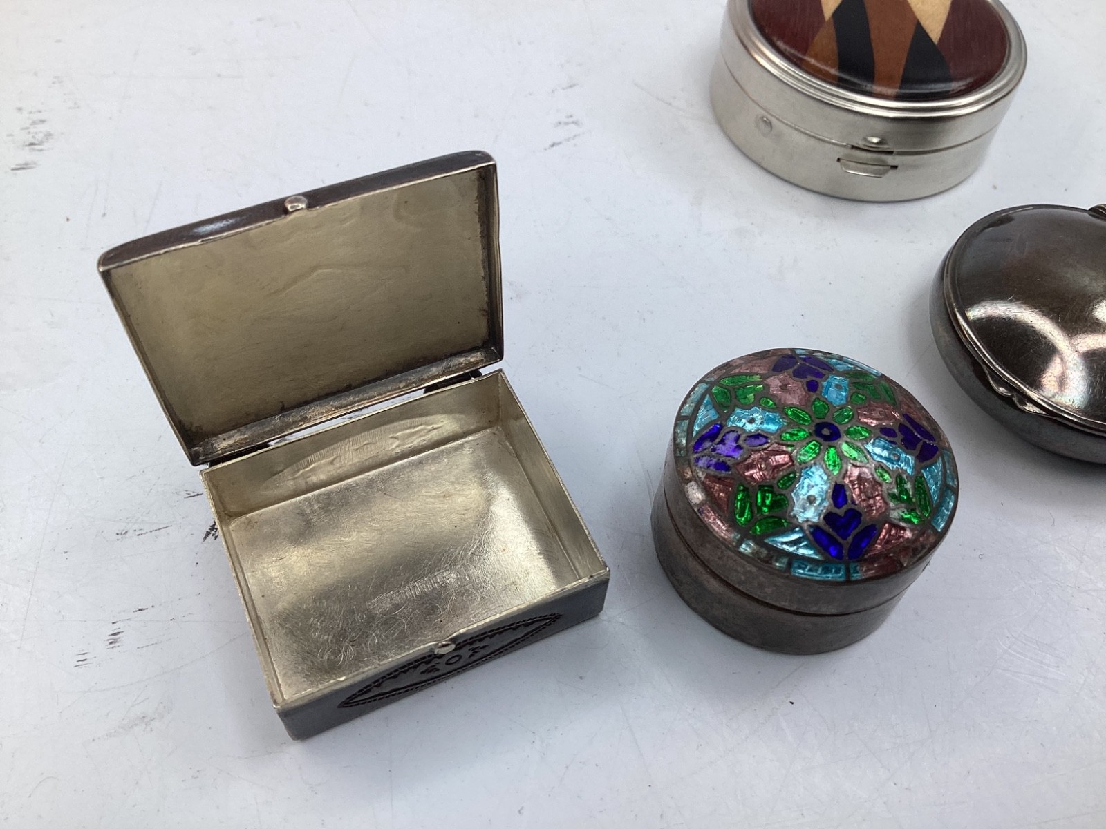 4 Vintage Engraved Sterling Silver Rectangle Pill Box,cloisonné, wood inlay+(B3)
