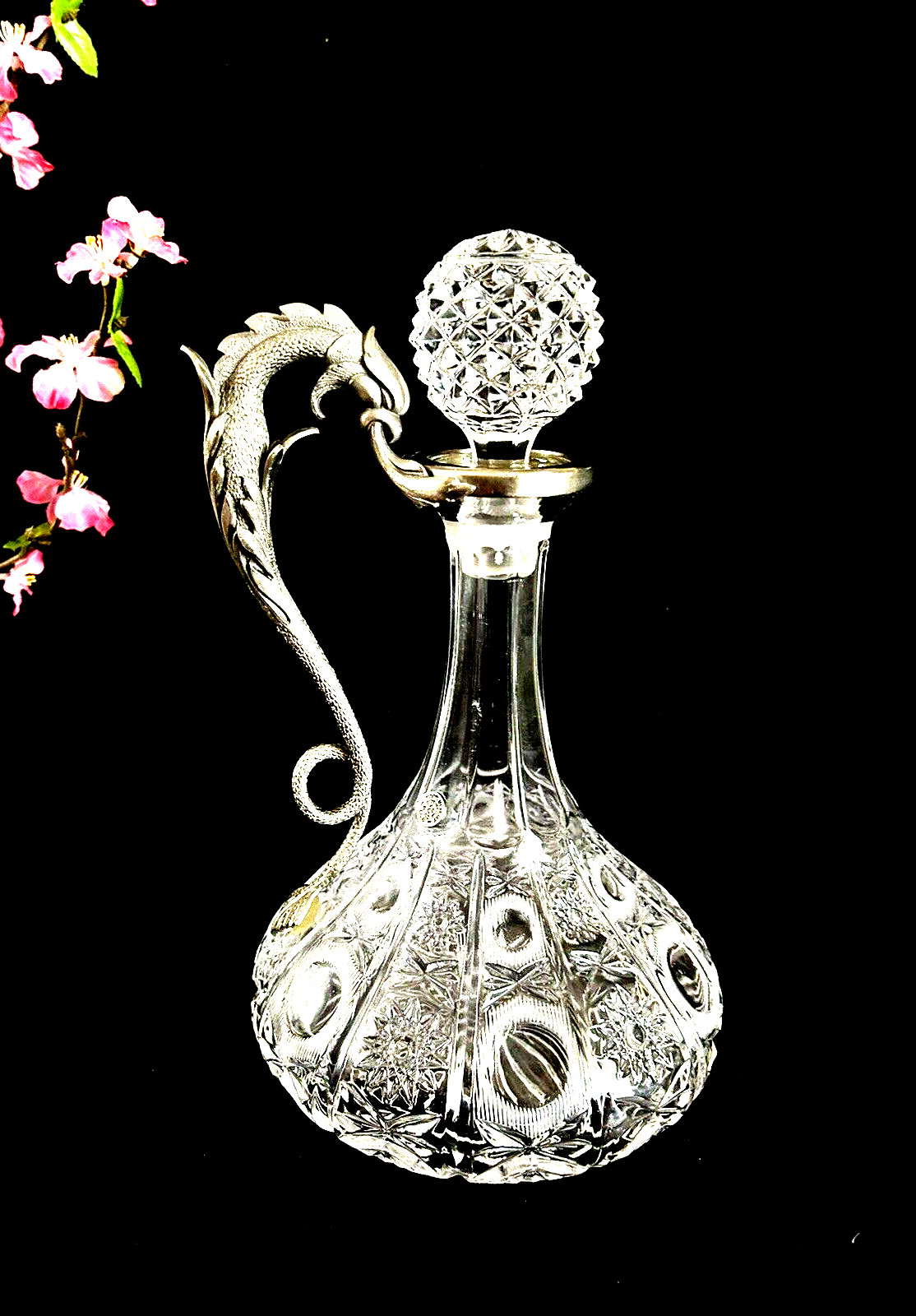 Glass Crystal Decanter Dragon Handle 11.5" Tall Italy
