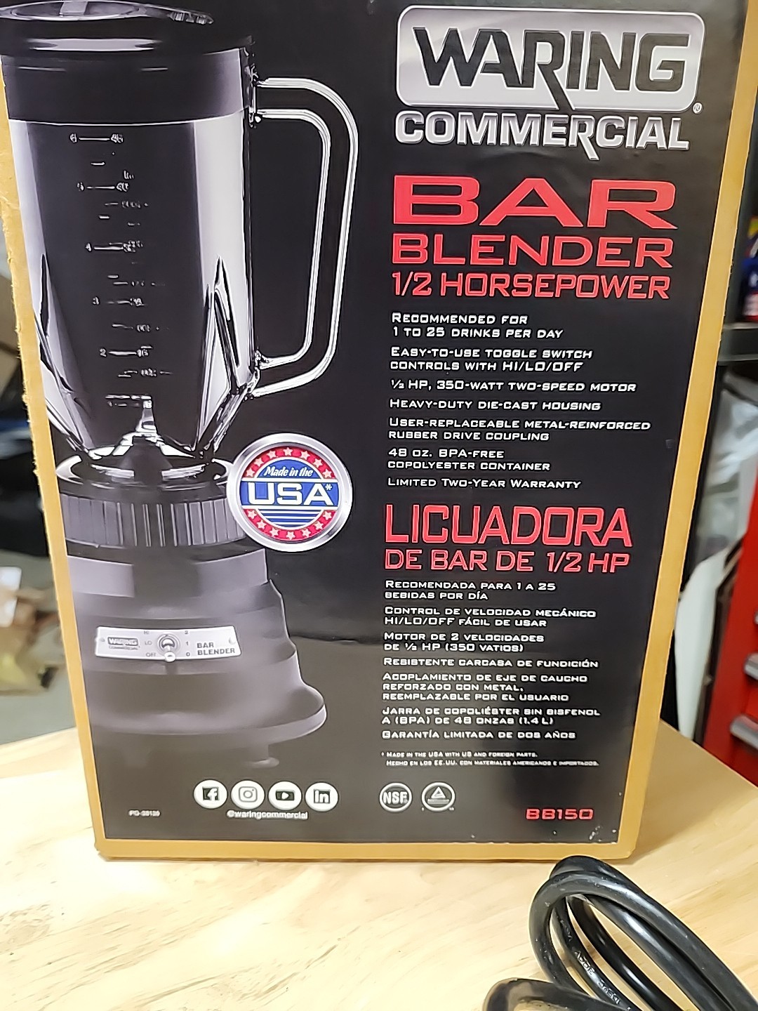 New Open Box Waring Commercial Bar Blender BB150 48 OZ, 2 Speed PLEASE READ