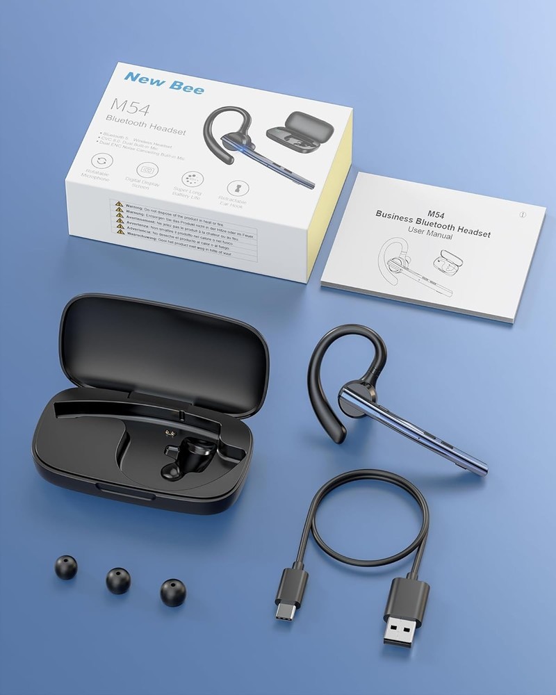 New Bee Bluetooth Headset V5.1 72H Talk Time Dual Mic with Mute Button for Busin