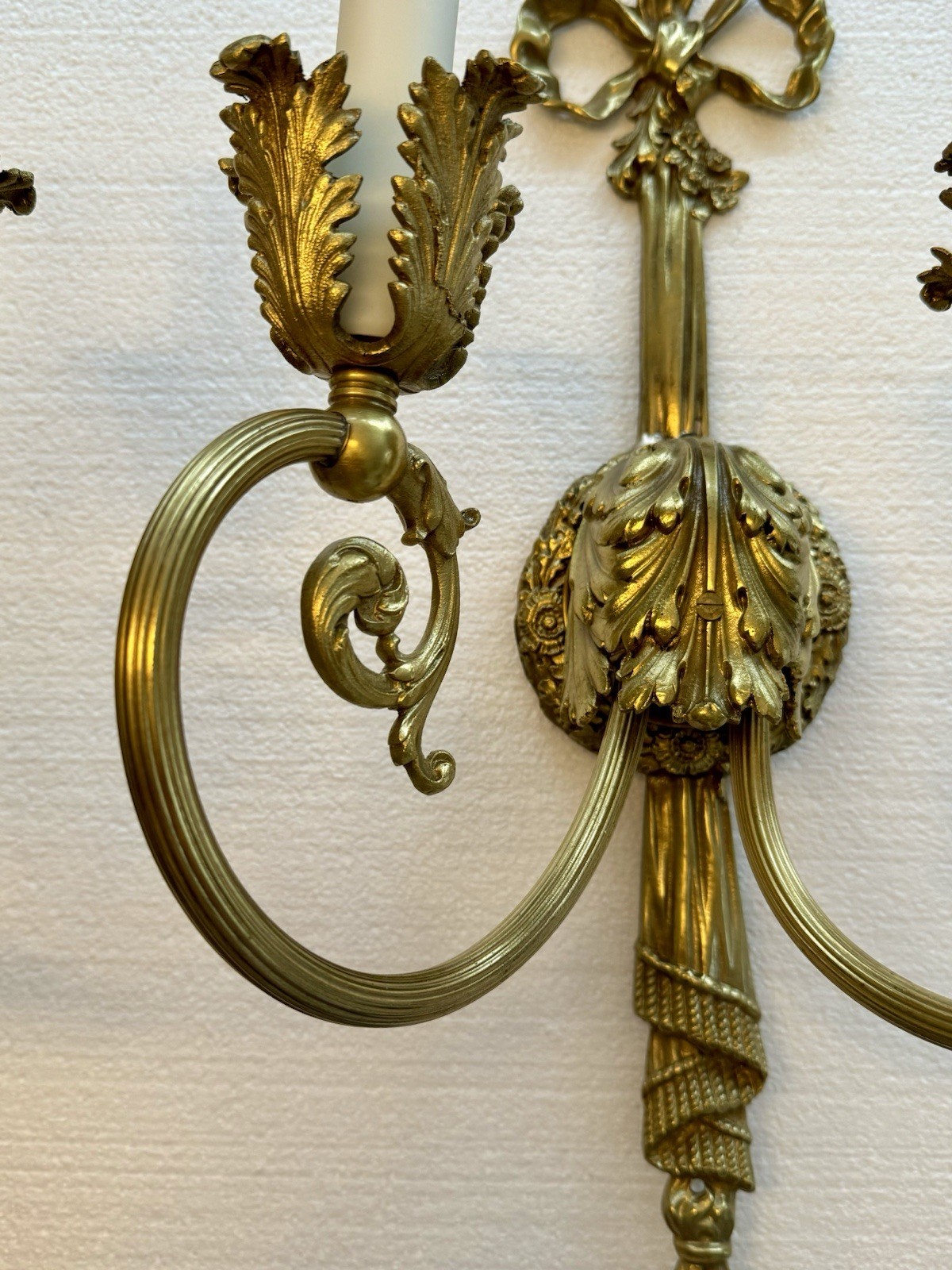 PAIR Antique French Gilt Brass Rope Bow Tassels Wall Sconce 2 Light Candelabras