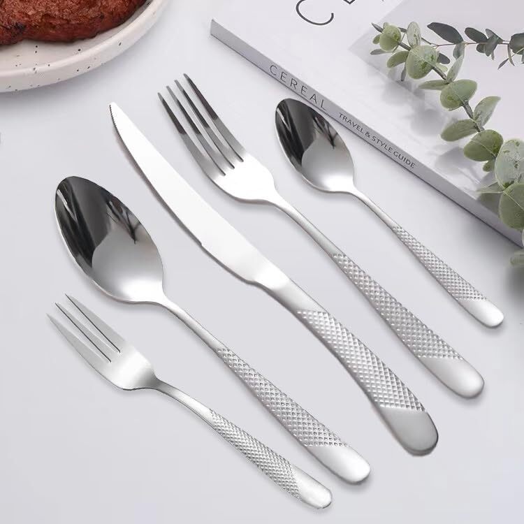 Silver Hammered Silverware Set for 6 Rustproof Stainless Steel Flatware Cutle...