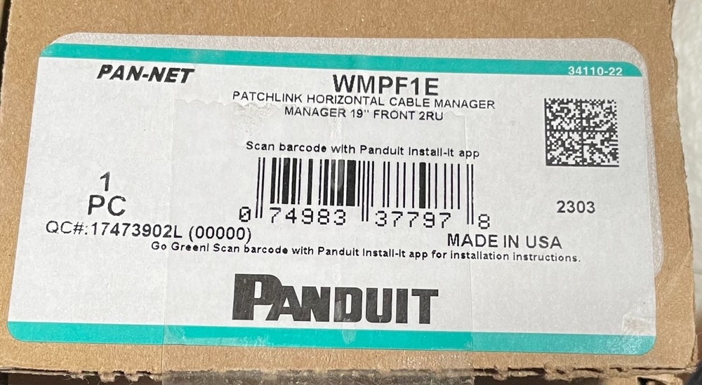 Panduit WMPF1E PatchLink™ Horizontal Cable Manager – 2RU, Front-Only, Black