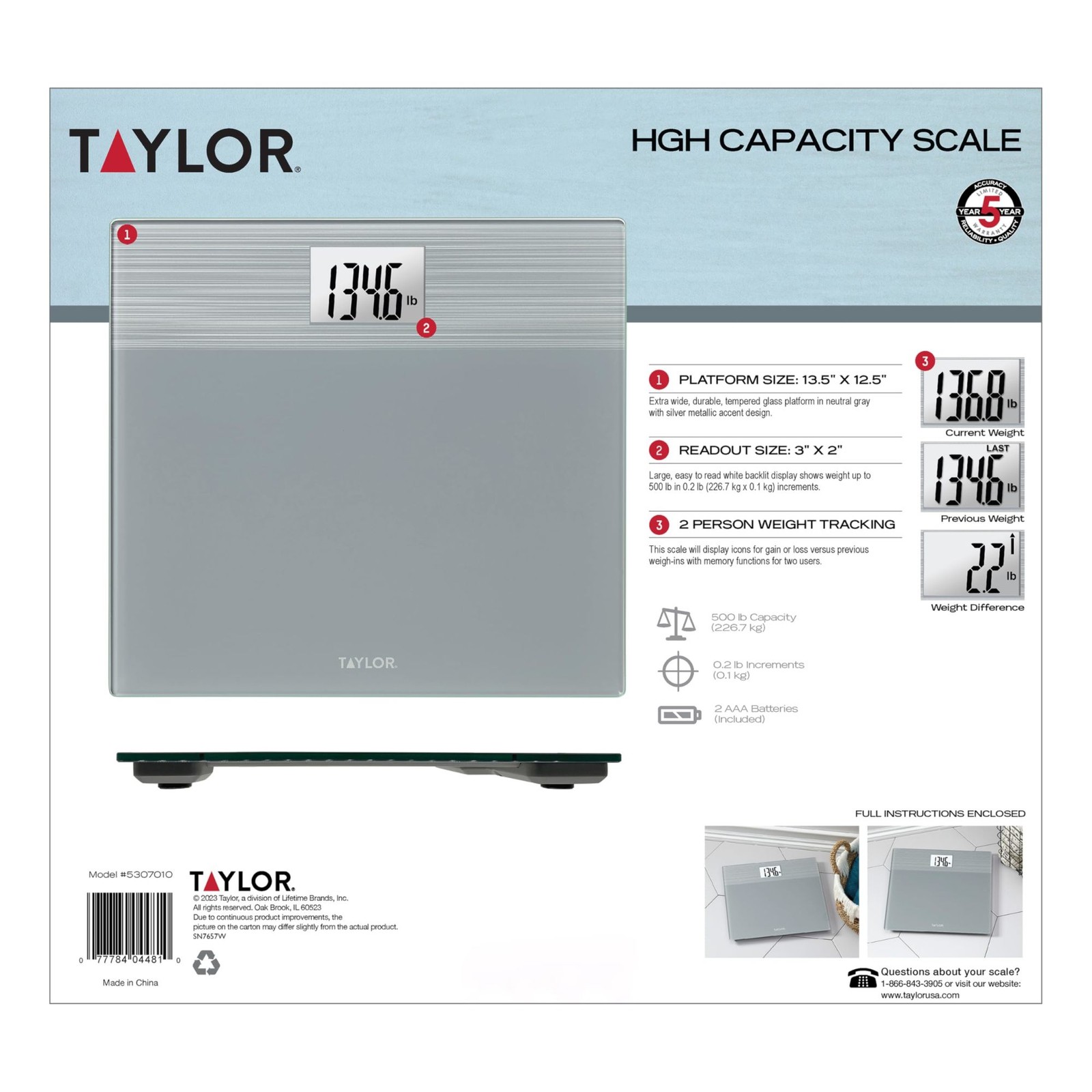 Taylor Digital Bathroom Scale – Stainless Steel Gray Platform , 500 lb Capacity
