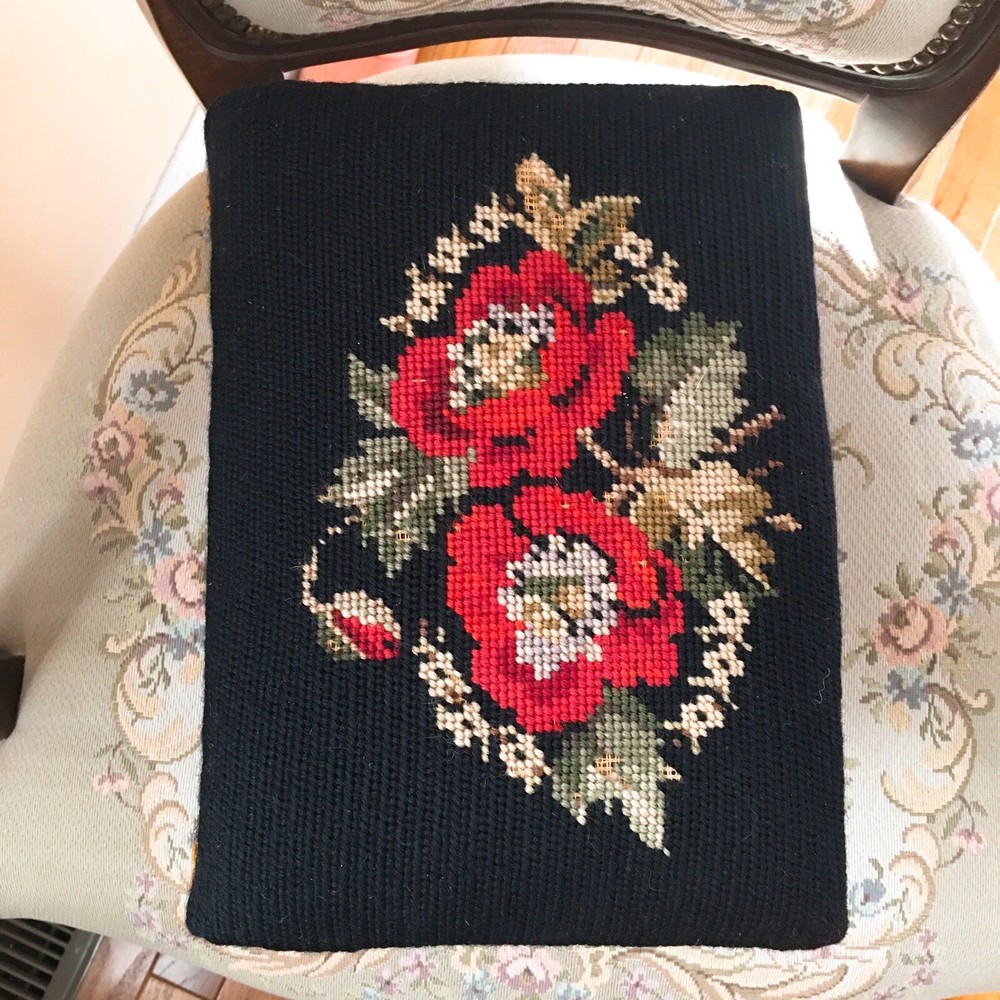 Antique Needlepoint Rectangular Foot Stool w/ Metal Feet