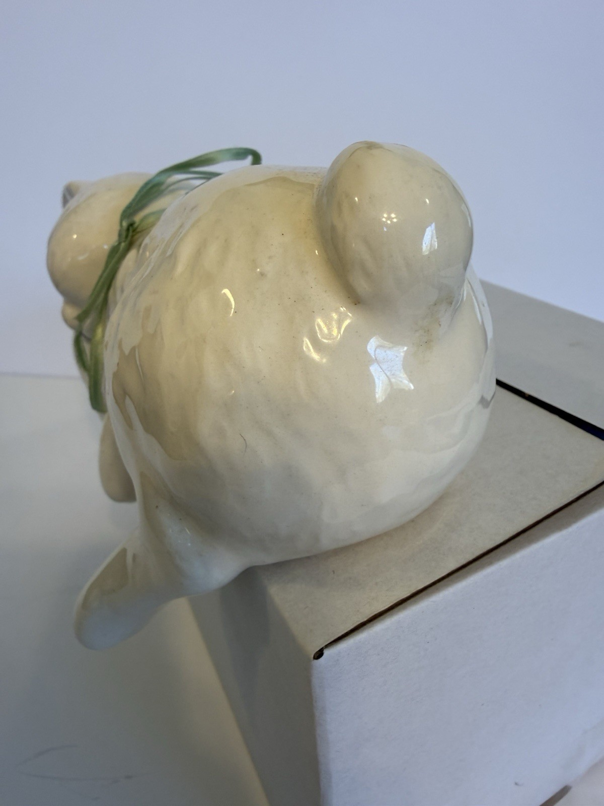 Vintage Ceramic Sleeping Bunny Shelf Sitter Hand-painted White Rabbit Ear Repair