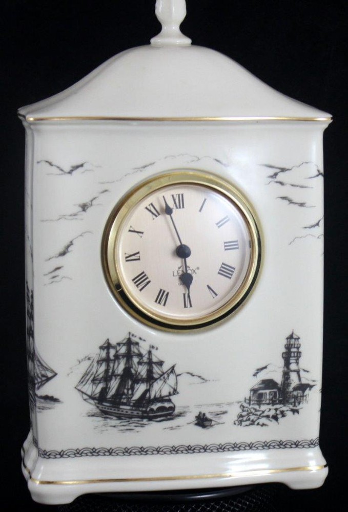 Lenox Scrimshaw Pattern Mantle Clock Seabirds Ocean Ships NOT WORKING NEEDS BATT