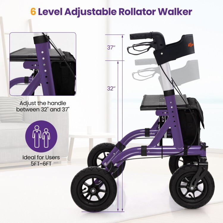 6 Level Adjustable Portable Foldable Senior Rollator Walker w/ Comfortable Seat
