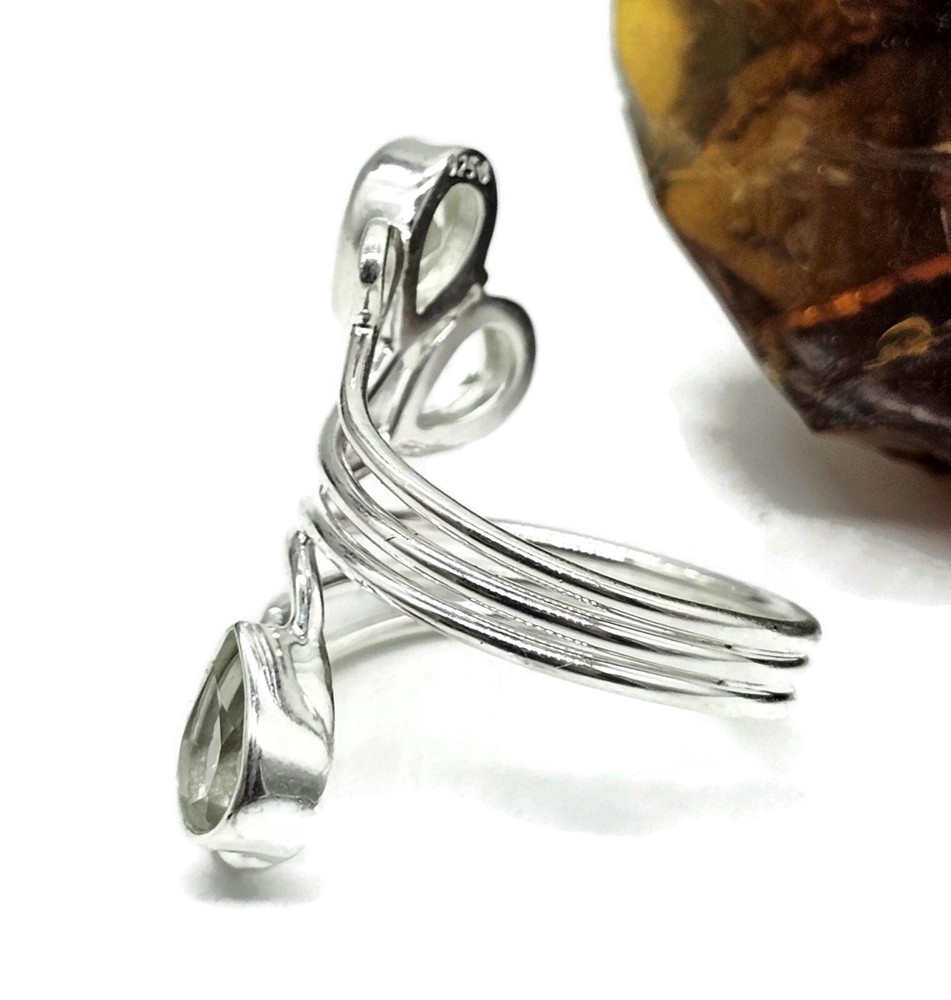 Prasiolite Wrap Around Ring, Size R, Sterling Silver, Three Stone Ring, Green