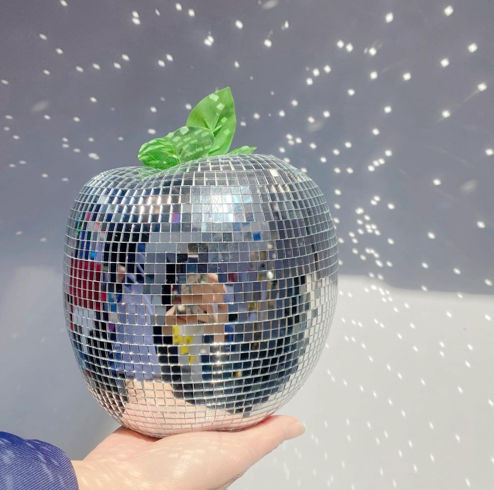 Apple-Shaped Disco Ball Decor with Chain, Reflective Hanging 7inch Silver