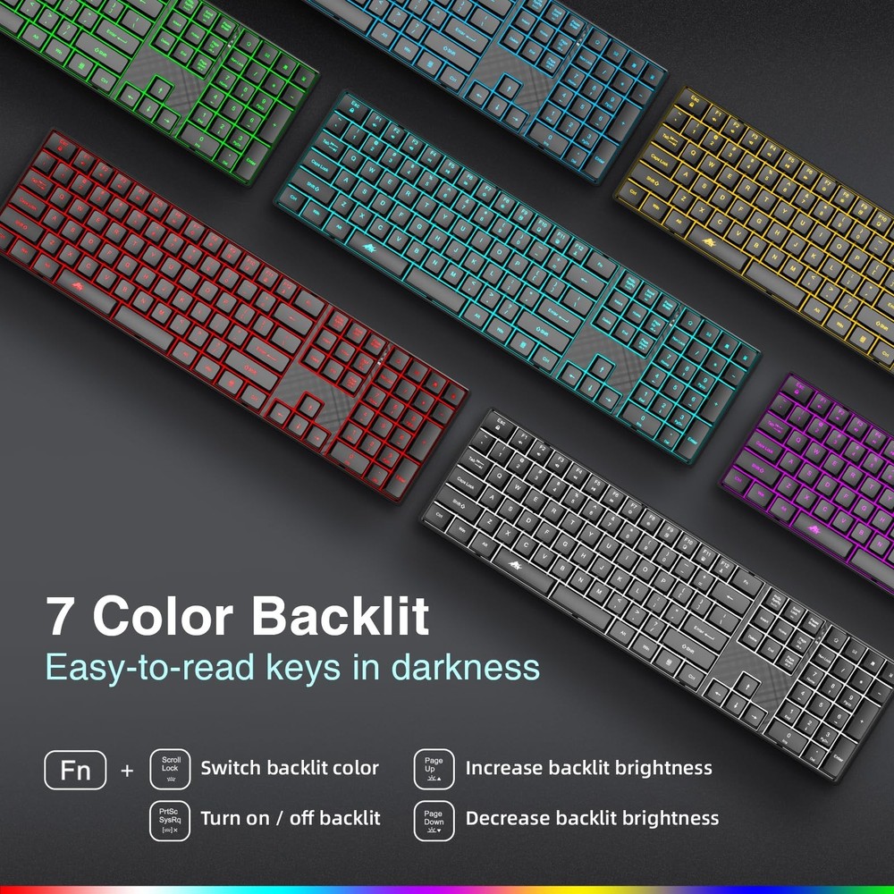 Wireless Backlit Keyboard Quiet - Computer Rechargeable Ergonomic Light UP Ke...