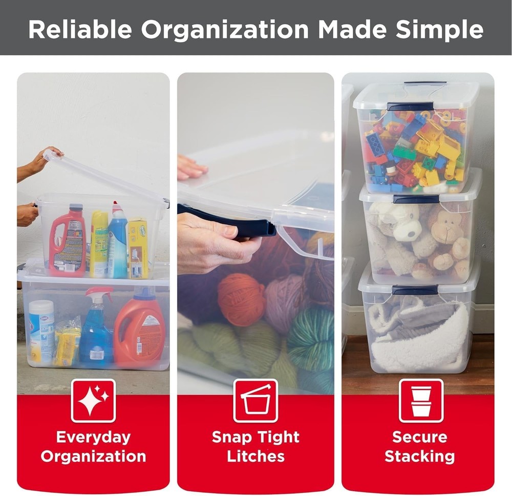 Cleverstore Clear 32 Qt 6 Pack Stackable Plastic Storage Bins W/ Lids Great