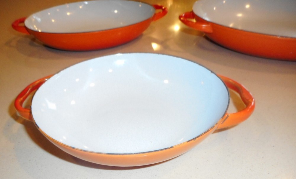 Sauté Pans Orange & White Enamel Set 3 Nesting