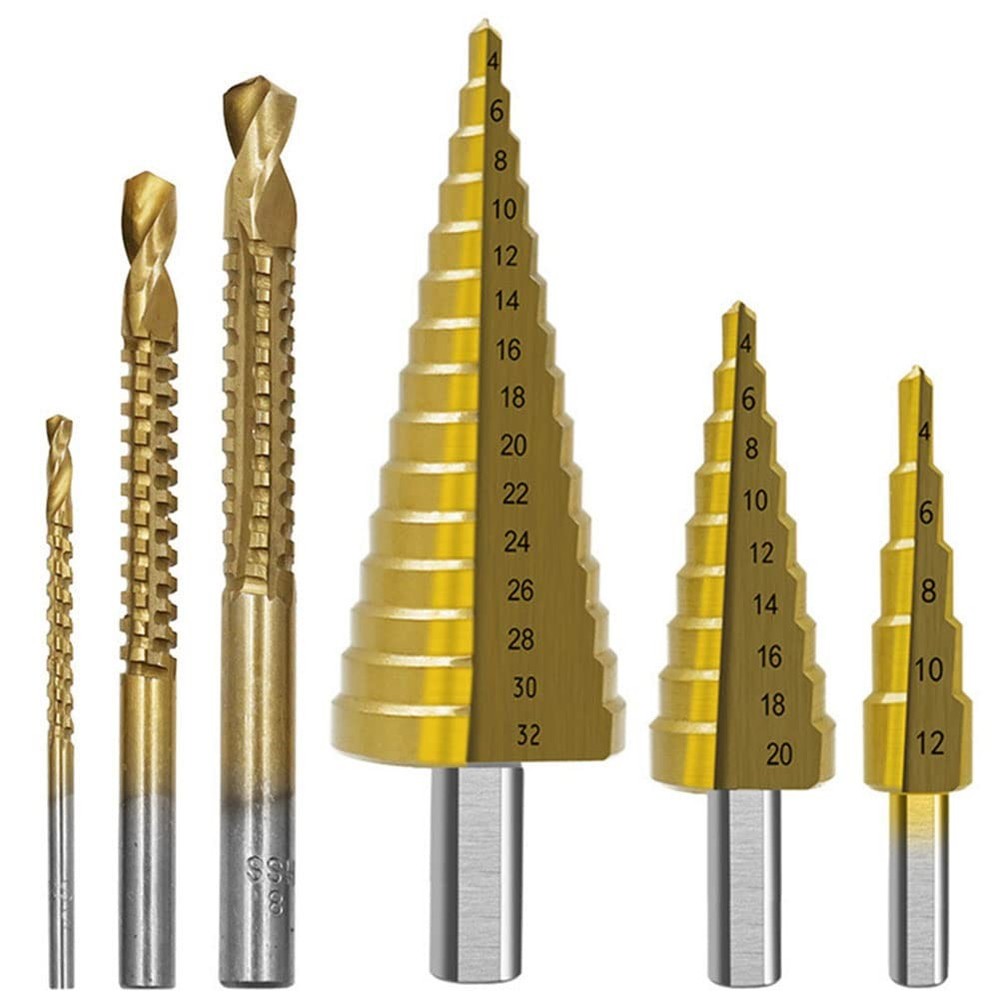 6Pcs Titanium Coated Drill Bit Set, 3 Step Bits + 3 Serrated
