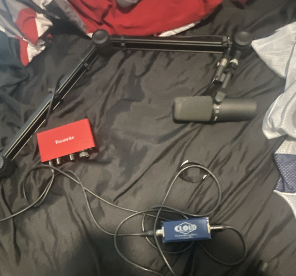 Focusrite Audio Interface, Shure Microphone, Cloudlifter CL-1, Boom Arm