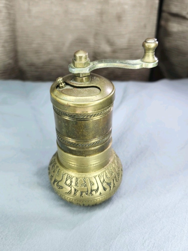 Antique Turkish Solid Brass Pepper Grinder Hand Engraved Spice Mill Working