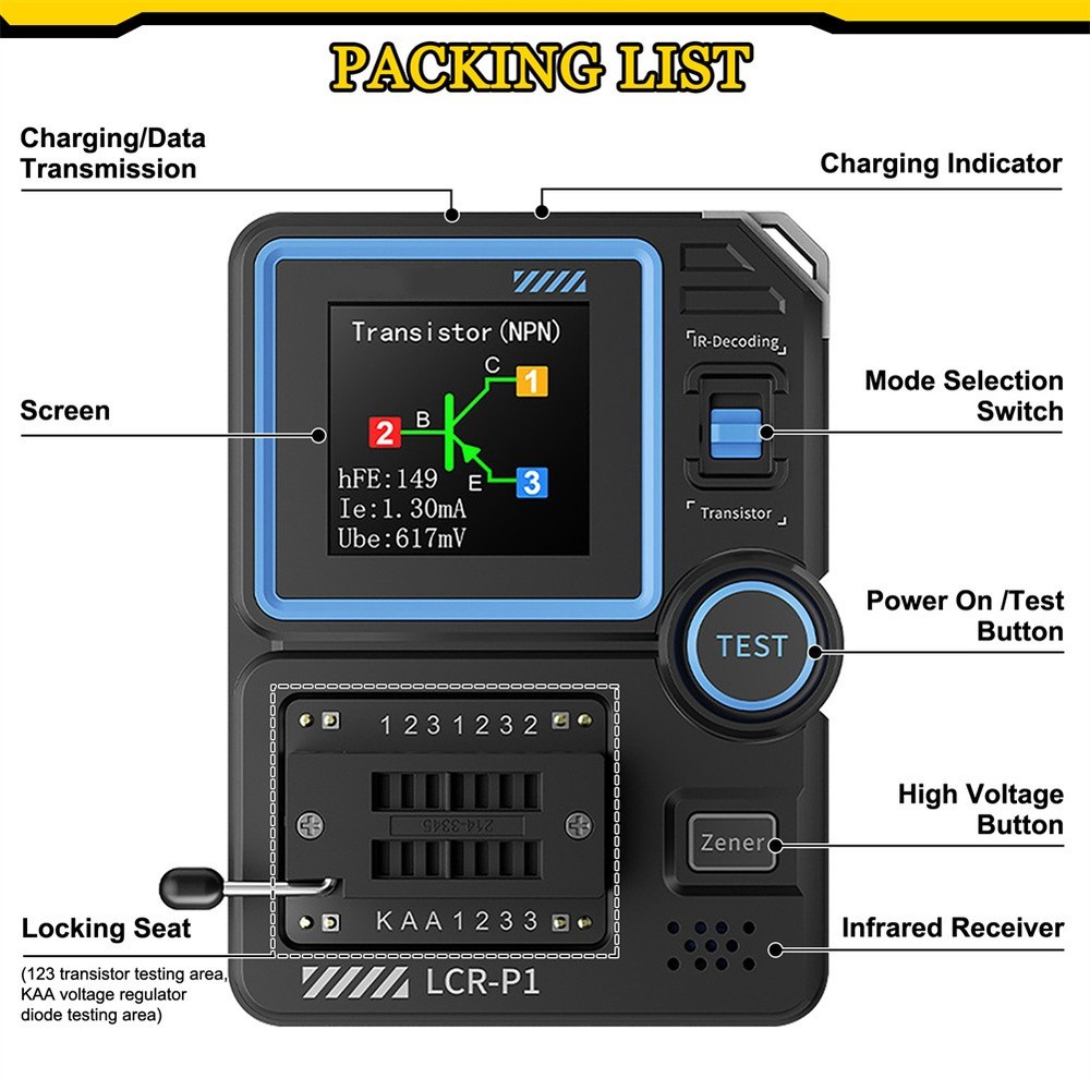 LCR-P1 Transistor Meter Capacitor Tester ESR Diode Triode NPN Infrared Decoding