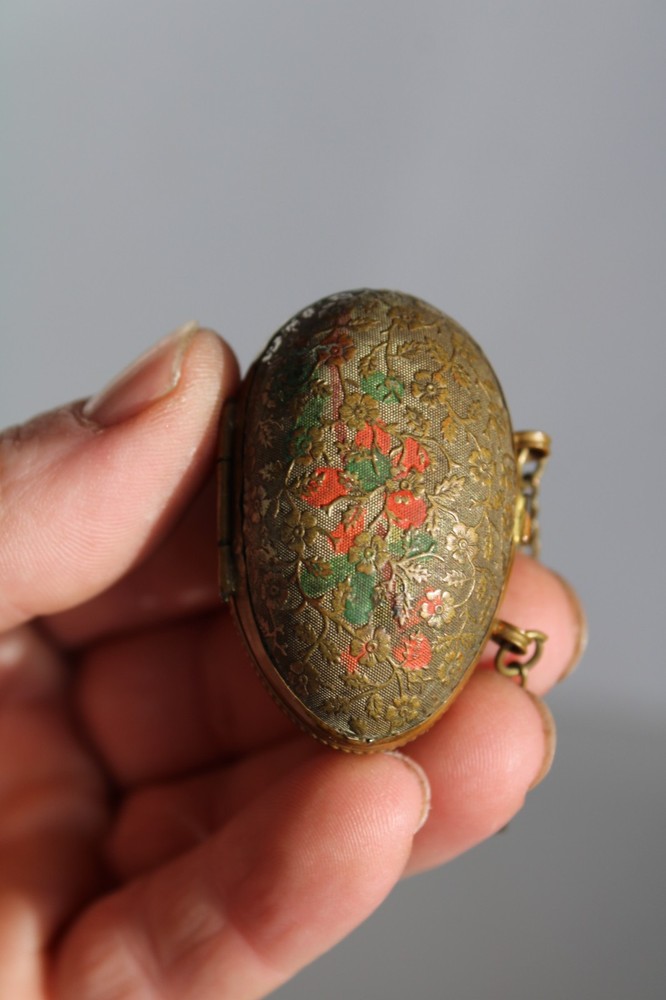 Antique 19th Century Painted Brass Egg Chatelaine Thimble Case w/ (2) Thimbles