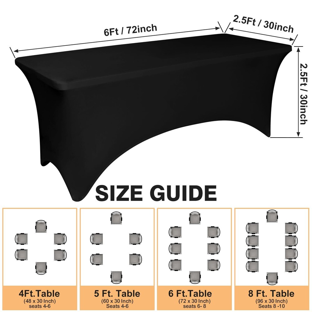 2 Pack 6 Feet Black Spandex Tablecloth for Rectangular Tables Fitted & Stretc...