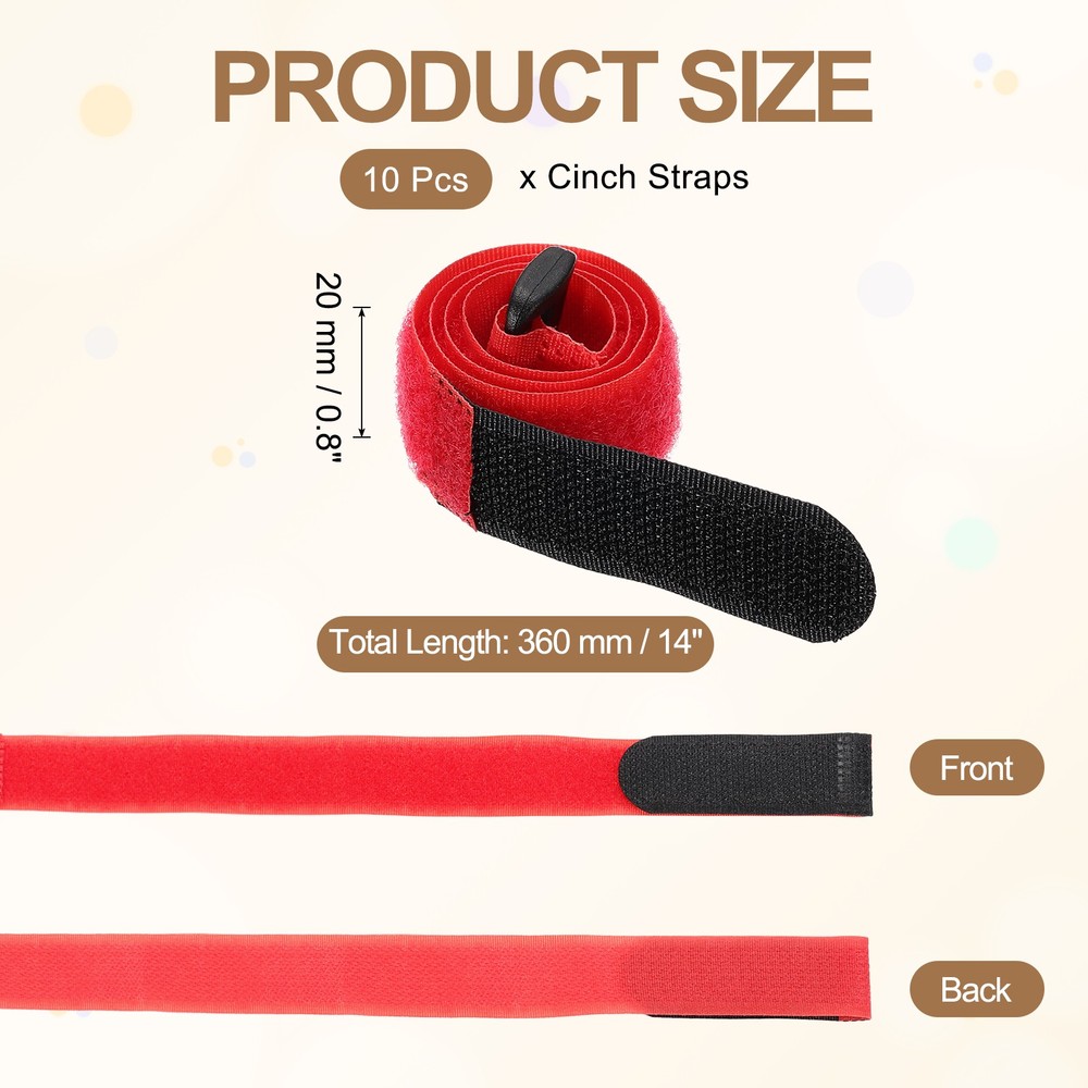 10pcs Reusable Cinch Straps 0.8"x14" Hook and Loop Cable Securing Straps, Red