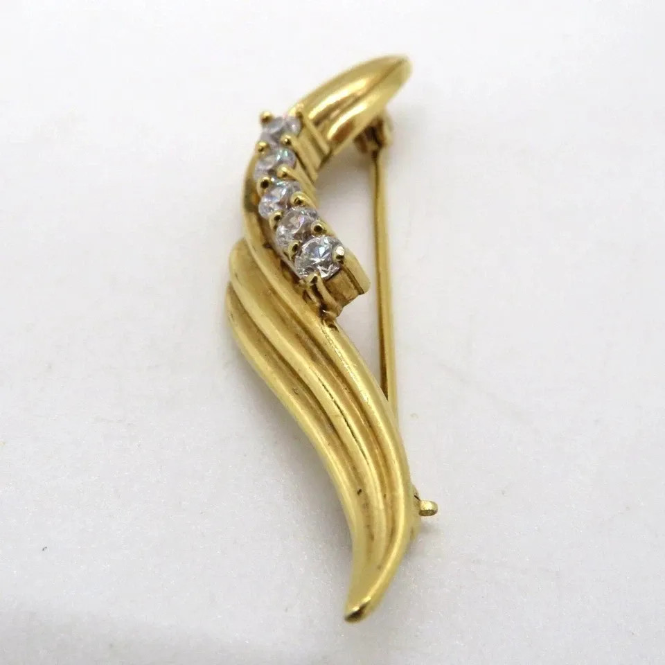 Vintage Gold Tone Wave Brooch Pin Rhinestone Clear Stones Marked Korea