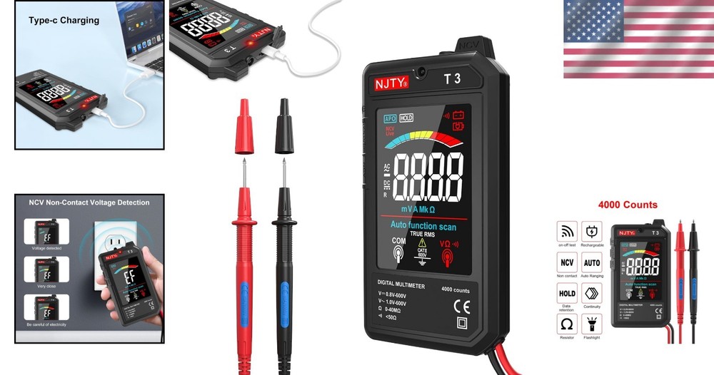 Versatile Rechargeable Multimeter - 4000 Counts, AC/DC Voltage & Resistance