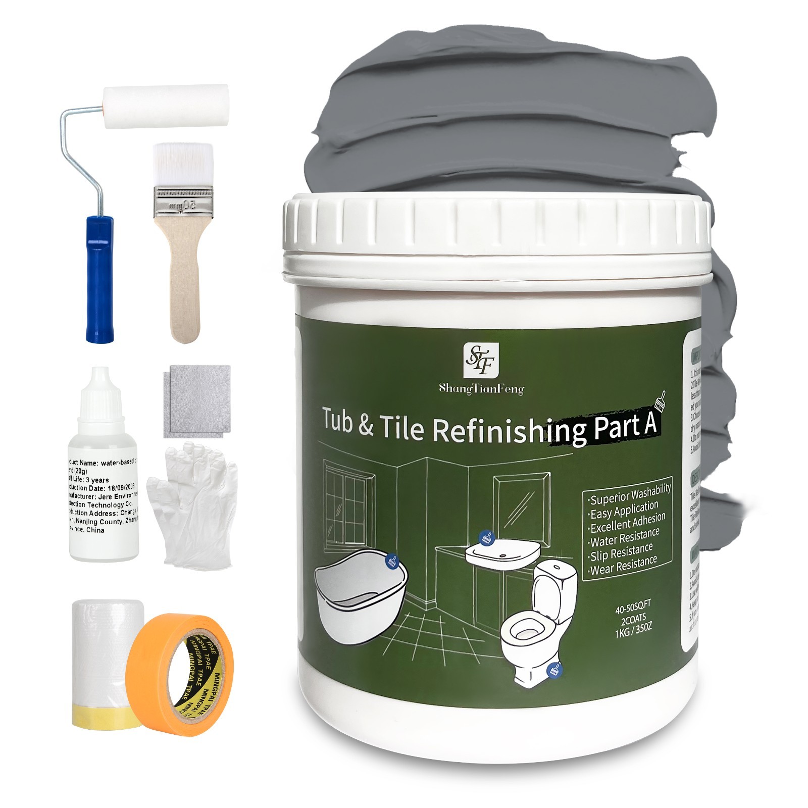 Tub and Tile Refinishing Kit, Bathtub Sink Countertop DIY Paint Kit, 32oz, Gray
