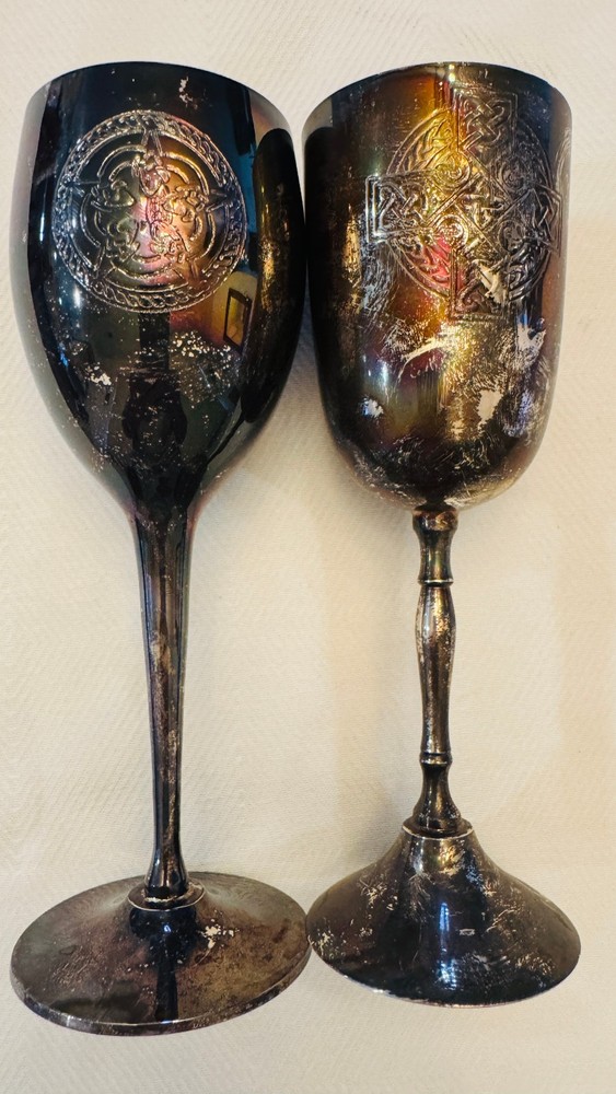 (2) Decorative Celtic Cross & Star Wine Goblet Pair 8" Made in India