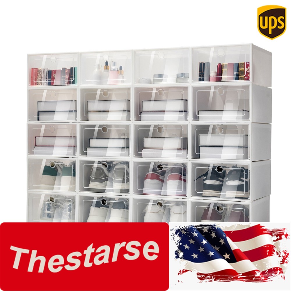 20pc Large Plastic Shoe Storage Boxes Drawer Stackable Foldable Organiser Clear