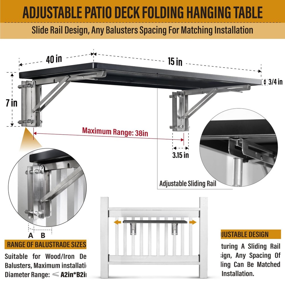 BITALS 304 Stainless Steel Deck Railing Adjustable Slide Rail Railing Folding
