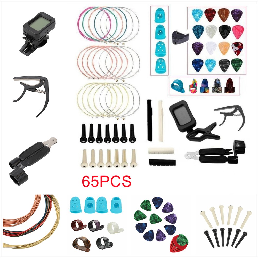 65PCS Guitar Accessories Kit Changing Tools Pick Pins Capo Winder Guitar Strings
